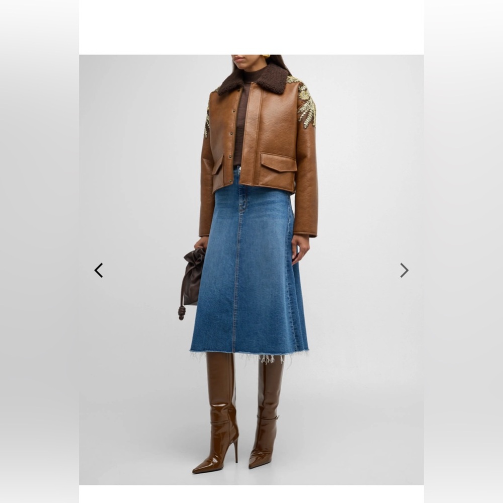 MOTHER "The Circle Midi Fray" skirt in medium-wash stretch-denim, size 28